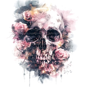 11 Floral Skull Clipart Set 3, Skull in Roses, Clipart de aquarela para impressão, PNGs de alta qualidade, Download digital, Artesanato em papel, diários de lixo