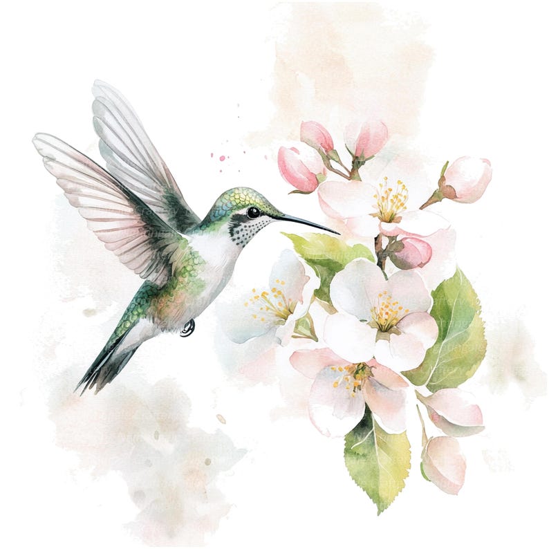 May include: A watercolor painting of a hummingbird with green and brown feathers hovering near a branch of white and pink blossoms.