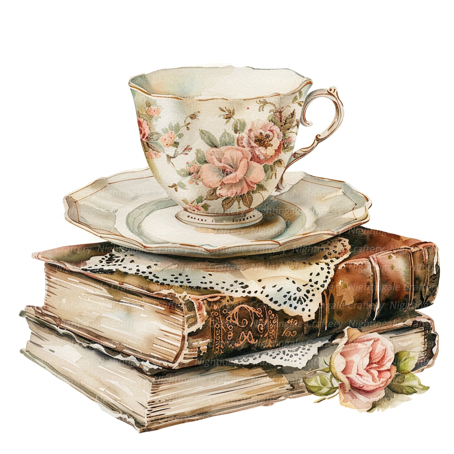 14 Tea and Book Clipart, Vintage Book Clipart, Printable Watercolor ...
