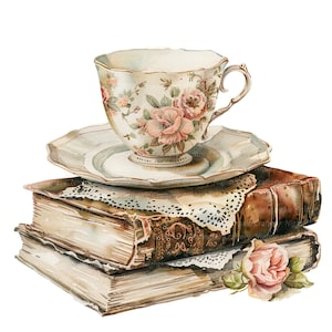 14 Chá e livro Clipart, Vintage Livro Clipart, Imprimível aquarela clipart, PNGs de alta qualidade, Download digital, Papel artesanal, diários de lixo