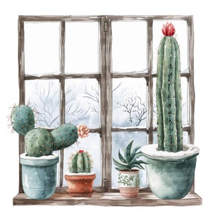 9 Imágenes prediseñadas de cactus en flor, cactus de invierno, imágenes prediseñadas de acuarela imprimibles, JPG de alta calidad, descarga digital, artesanías en papel, diarios basura