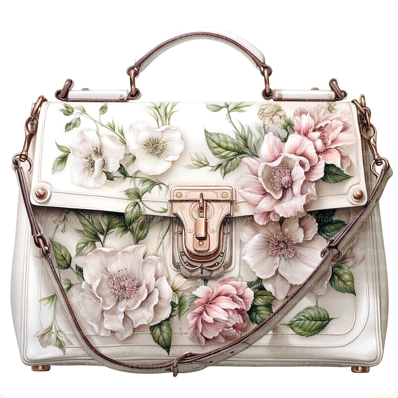 May include: A white leather handbag with a floral design. The bag has a gold clasp and a brown leather strap. The flowers are pink and white.