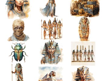 24 Ancient Egypt Clipart, Egyptian Theme Clipart, Printable Watercolor clipart, High Quality JPG, Digital download,Paper craft, Ephemera