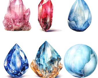 May include: Six watercolour paintings of different gemstones. The gemstones are a pink crystal cluster, a red crystal, a blue teardrop, a blue crystal cluster, a blue teardrop, and a blue sphere.