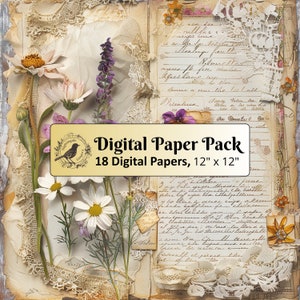 18 wilde bloemen en kantpapier, 12 x 12 digitaal papierpakket, junkjournalpapier, plakboekpapier, afdrukbaar papier, jpg's van hoge kwaliteit