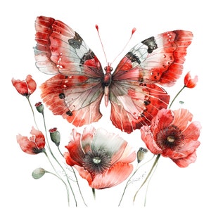 10 Mohnblumen Schmetterling Clipart, Blumen Schmetterling, druckbare Aquarell Clipart, hochwertige JPG, digitaler Download, Papiermodell, Junk Journal
