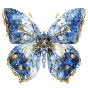 12 Elegante Marmor Blauer Schmetterling Clipart, Gold, druckbare Aquarell Clipart, hochwertige PNG, digitaler Download, Papiermodell, Junk Journal