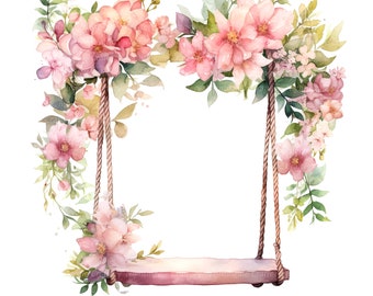 10 Floral Swing Clipart, Flower Swing, Printable Watercolor clipart, High Quality JPGs, Digital download, Paper craft, junk journals