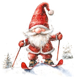 9 Gnome festif, ski de nain de Noël, clipart aquarelle imprimable, fichiers JPG de haute qualité, téléchargement numérique, créations en papier, journaux indésirables