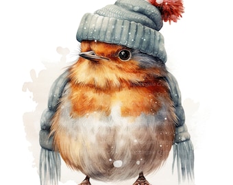 12 Robin in Wool Hat Clipart, Christmas Robin, Printable Watercolor clipart, High Quality JPGs, Digital download, Paper craft, junk journal