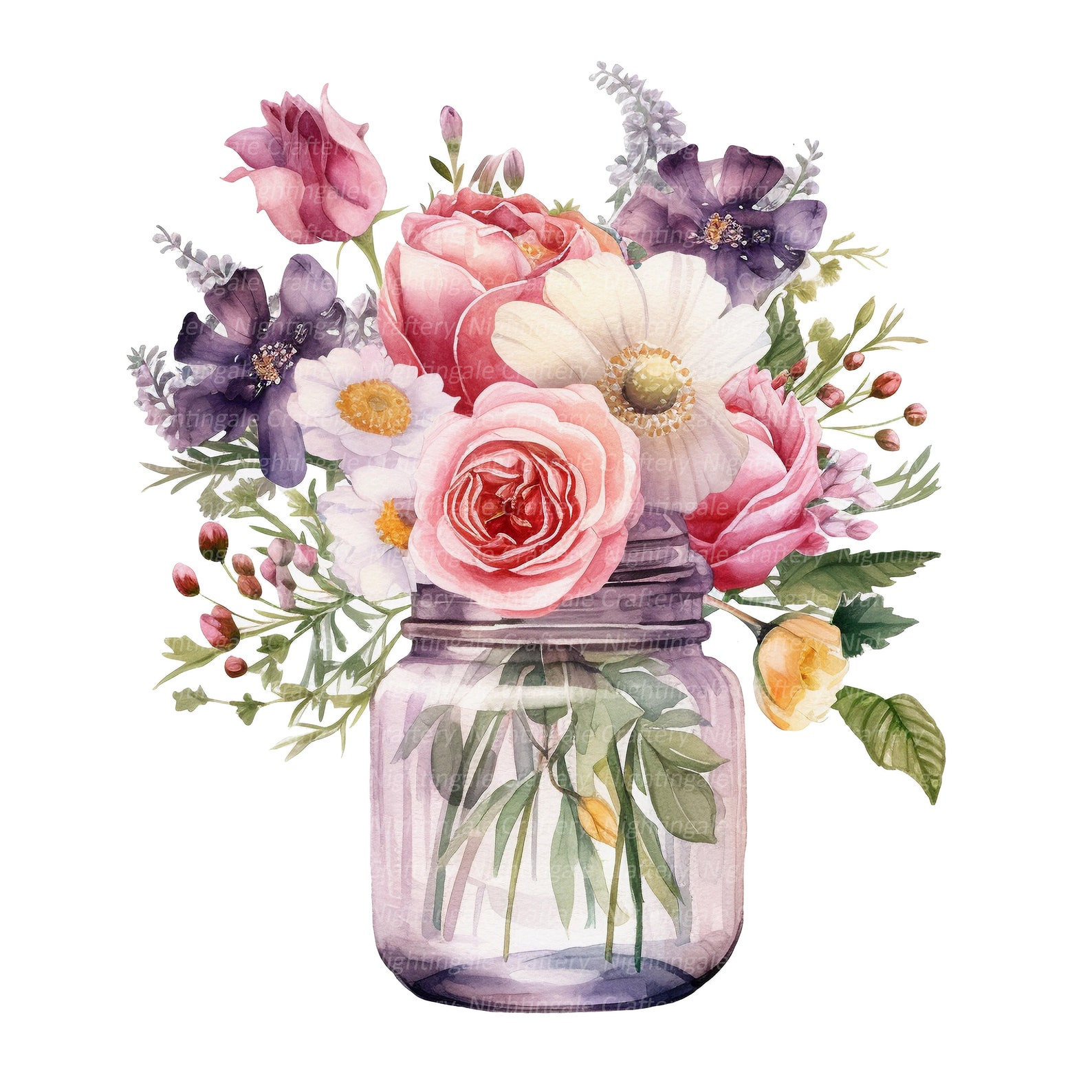 16 Flowers in Jar Clipart, Wild Flowers Clipart, Printable Watercolor ...