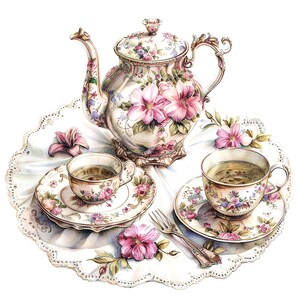 May include: A vintage floral tea set with a teapot, two teacups, and saucers. The set is decorated with pink and white flowers and green leaves. The teacups and saucers have a delicate floral pattern. The teapot has a lid with a floral design and a handle with a floral design. The tea set is on a white lace tablecloth.