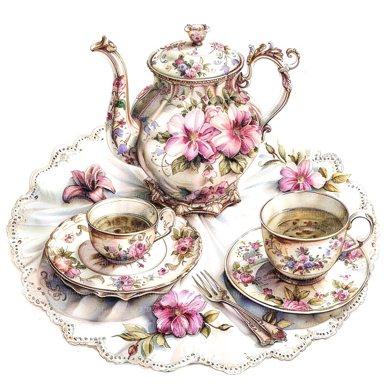 May include: A vintage floral tea set with a teapot, two teacups, and saucers. The set is decorated with pink and white flowers and green leaves. The teacups and saucers have a delicate floral pattern. The teapot has a lid with a floral design and a handle with a floral design. The tea set is on a white lace tablecloth.