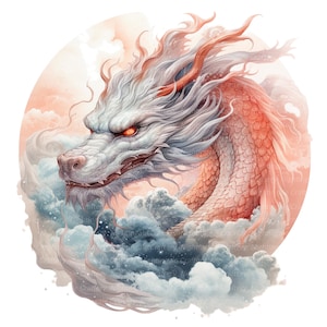 May include: A white and red dragon with glowing red eyes emerges from a swirling cloud background. The dragon's scales are detailed and the background is a soft watercolor wash.