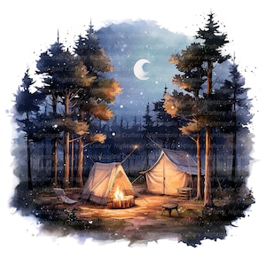 12 imágenes prediseñadas de camping acogedoras, imágenes prediseñadas de tienda de campaña, imágenes prediseñadas de acuarela imprimibles, JPG de alta calidad, descarga digital, artesanía de papel, diario basura