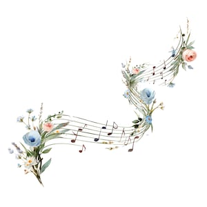 May include: Watercolor illustration of musical notes and staff intertwined with floral elements. The design features a flowing musical staff adorned with blue, pink, and white flowers, and green foliage, creating a whimsical and artistic composition.