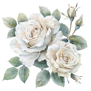 10 witte rozen clipart set 2, rozen boeket, afdrukbare aquarel clipart, digitale download, hoge kwaliteit JPG/PNG, Paper Craft, junk Journal