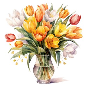 10 Spring Flowers in Vase Clipart, Tulips, Printable Watercolor Clipart ...