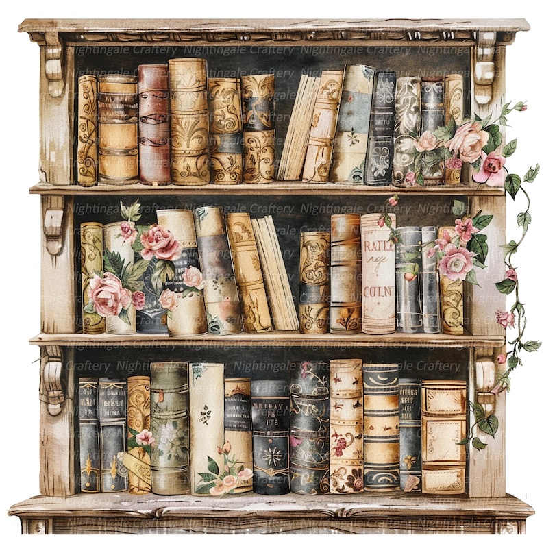 May include: A wooden bookshelf with three shelves filled with antique books. The books have worn leather covers and are decorated with gold lettering and floral patterns. There are pink roses and green vines on the shelves.