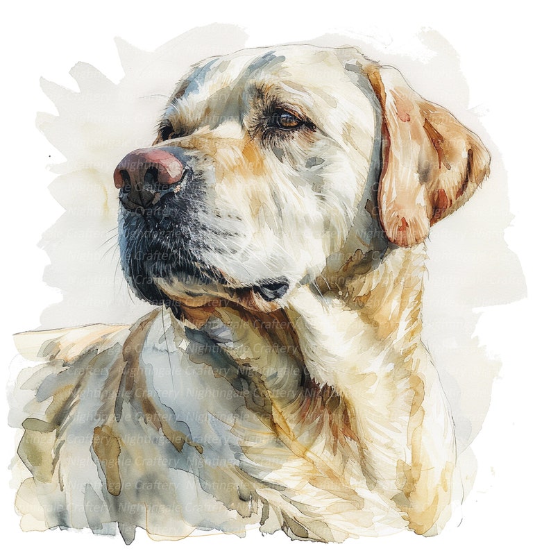 May include: A watercolor painting of a golden retriever dog with a soft, light brown coat. The dog's head is turned to the side, and its eyes are closed. The painting is done in a realistic style, with soft brushstrokes and subtle shading.