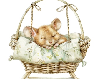 8 Sleeping Mouse Clipart, Mouse in Cradle, Printable Watercolor clipart, High Quality PNGs, Digital download, Paper craft, junk journals