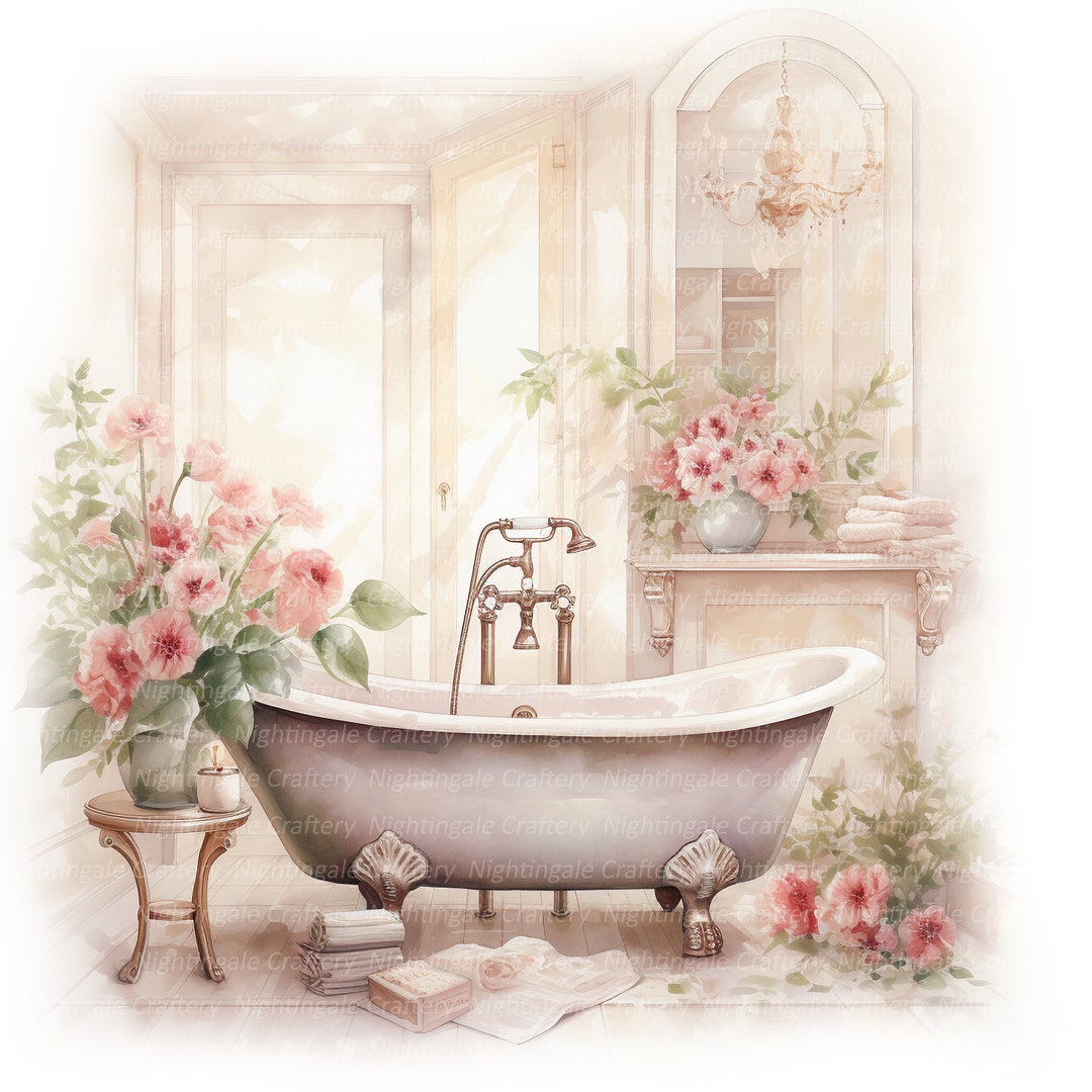 10 Vintage Floral Bathroom Clipart, Shabby Chic, Printable Watercolor ...