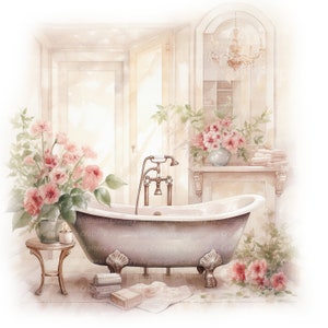 10 Clipart da bagno floreale vintage, Shabby Chic, clipart acquerello stampabile, JPG di alta qualità, download digitale, artigianato di carta, diario spazzatura