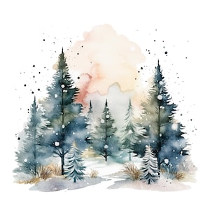10 Christmas Trees Clipart, Christmas Landscape, Printable Watercolor clipart, High Quality PNG, Digital download, Paper craft, junk journal
