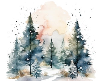 10 Christmas Trees Clipart, Christmas Landscape, Printable Watercolor clipart, High Quality PNG, Digital download, Paper craft, junk journal