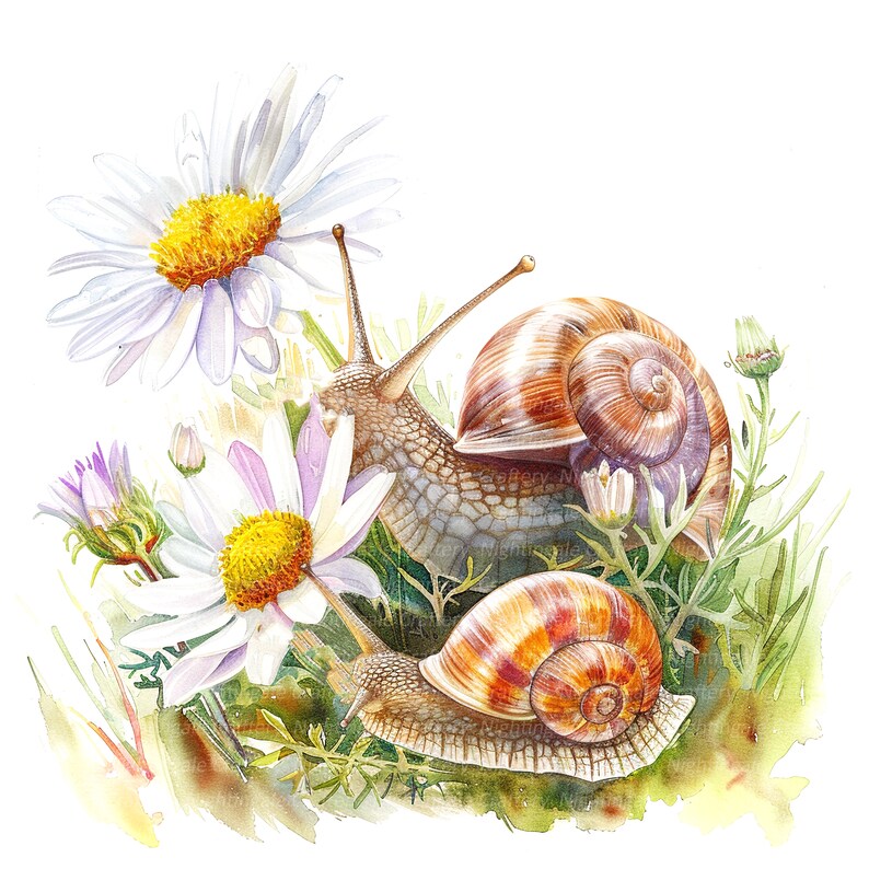 Puede incluir: Dos caracoles con conchas marrones y tostadas se arrastran sobre hojas verdes y margaritas blancas. Los caracoles est&aacute;n enfocados y el fondo est&aacute; desenfocado.