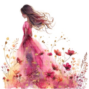 K&ouml;nnte beinhalten: Ein Aquarellbild einer Frau in einem rosa Kleid, die in einem Feld mit rosa Blumen mit goldenen Glitzerakzenten steht.