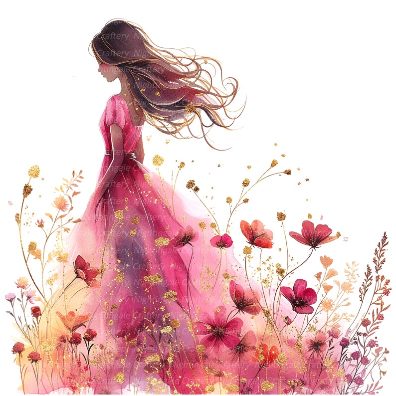 K&ouml;nnte beinhalten: Ein Aquarellbild einer Frau in einem rosa Kleid, die in einem Feld mit rosa Blumen mit goldenen Glitzerakzenten steht.