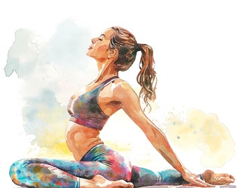 May include: A woman in a colorful yoga outfit is sitting in a yoga pose with her arms extended and her eyes closed. The background is a watercolor wash of yellow and blue.