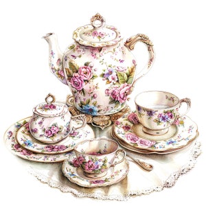 May include: A vintage tea set with floral patterns. The set includes a teapot, sugar bowl, creamer, and two teacups and saucers. The teacups and saucers have a delicate floral design with pink, blue, and white flowers.