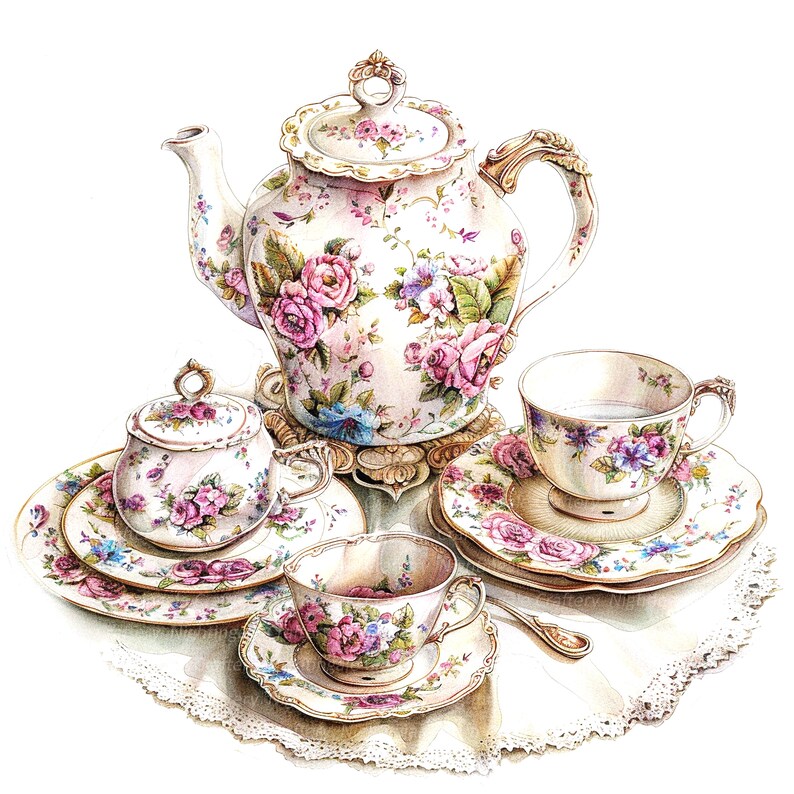 May include: A vintage tea set with floral patterns. The set includes a teapot, sugar bowl, creamer, and two teacups and saucers. The teacups and saucers have a delicate floral design with pink, blue, and white flowers.