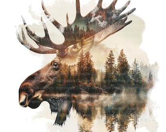 Op de afbeelding: Een digitale kunstprint van een eland met een boslandschap dat over zijn gewei is gelegd. De eland kijkt naar links en het boslandschap is een mistige, bosrijke omgeving met bomen en een meer.