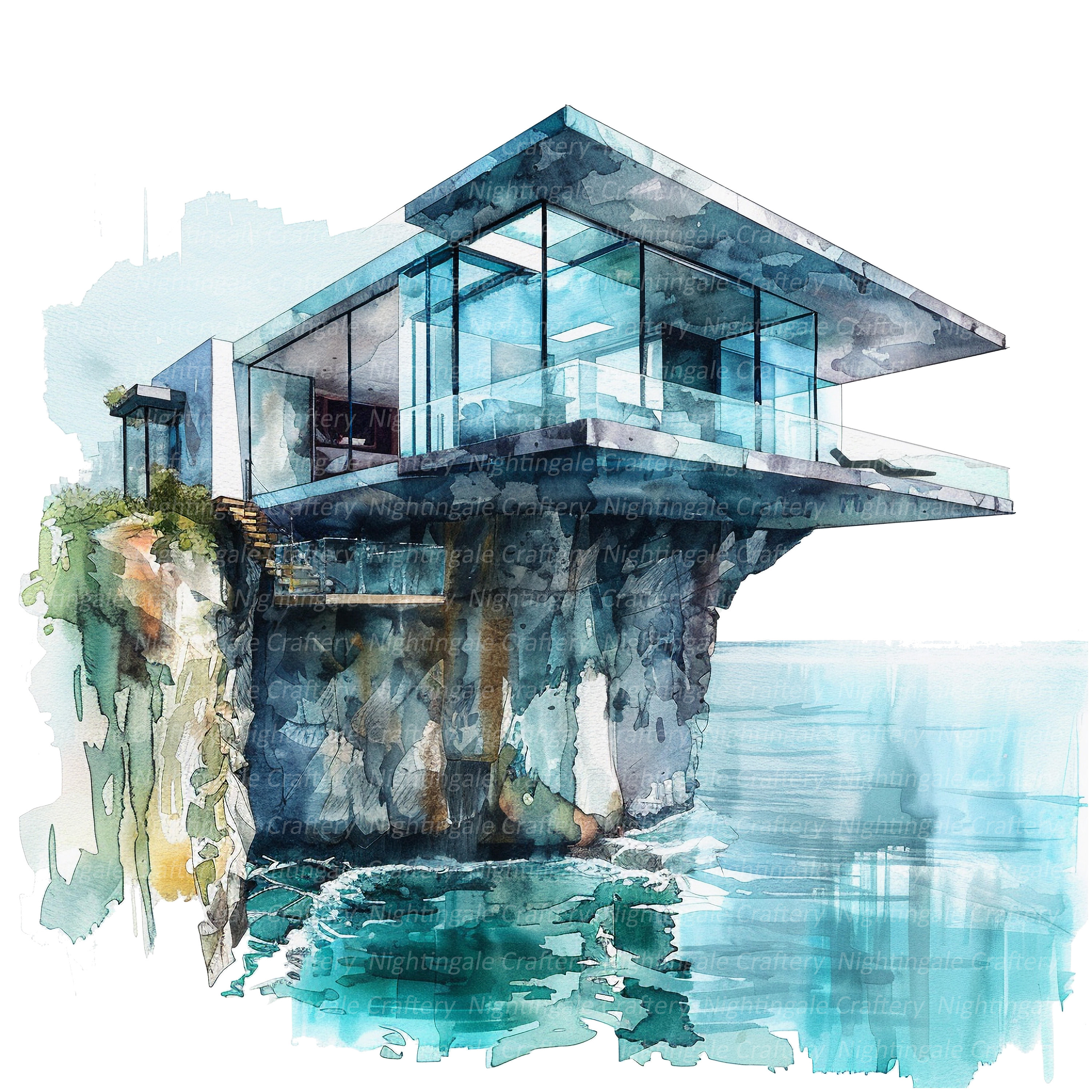 10 未来的な家のクリップアート、ガラスの家の崖、印刷可能な水彩画の