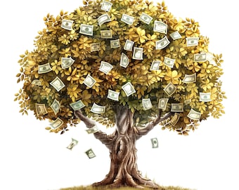 May include: An illustration of a tree with a brown trunk and golden leaves. Dollar bills are falling from the tree, suggesting wealth and financial growth. The artwork is set against a white background.