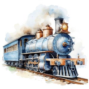 10 Cartoon Locomotives Clipart, Antique Train, Printable Watercolor clipart, High Quality JPGs, Digital download, Paper craft, junk journal image 7