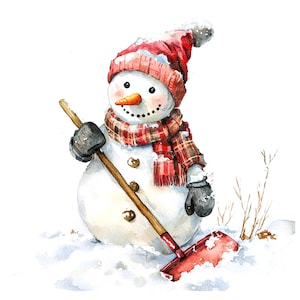 10 Snowman with Shovel Clipart, Christmas Clipart, Printable Watercolor clipart, High Quality JPGs, Digital download, Paper craft, journal