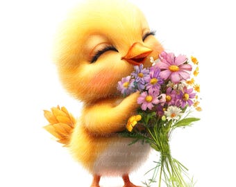 10 Easter Chick Clipart, Cute Floral Chick, Printable Watercolor clipart, High Quality JPGs, Digital download, Paper craft, junk journals