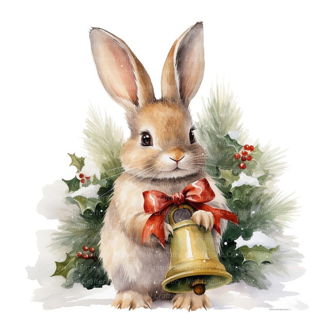 12 Christmas Bunny Clipart, Bunny With Bell, Printable Watercolor
