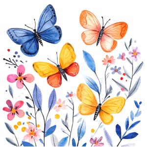 12 Clipart di farfalle nei fiori, Clipart di fiori di campo, Clipart di acquerelli stampabili, JPG di alta qualità, Download digitale, Carta artigianale, diario