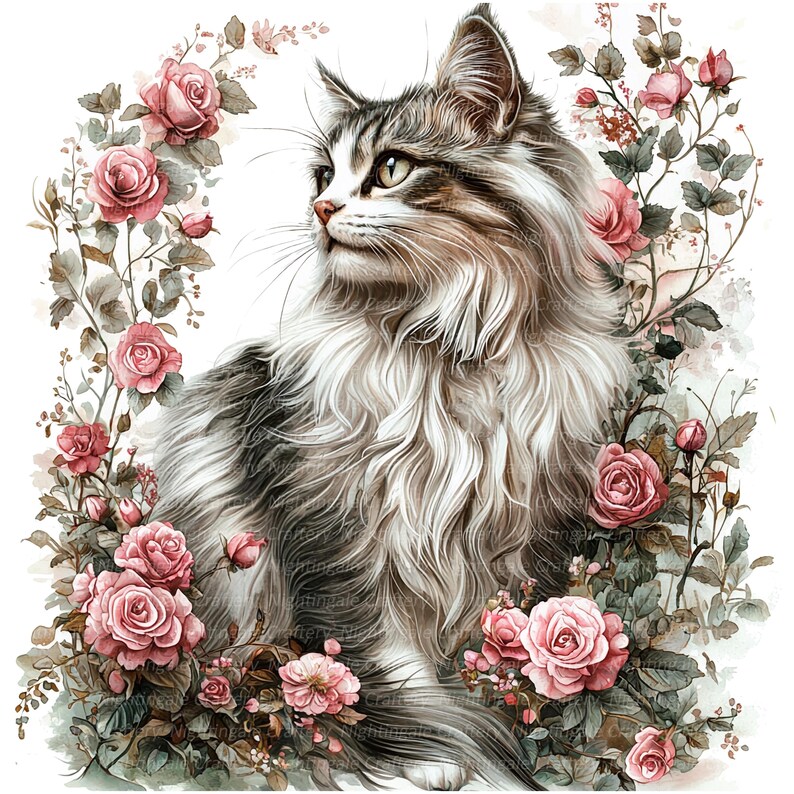 10 Floral Cats, Cats Clipart, Cat in Roses, Printable Watercolor ...