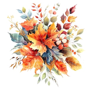 11 Imágenes prediseñadas de ramo de hojas de otoño, hojas de otoño, imágenes prediseñadas de acuarela imprimibles, JPG de alta calidad, descarga digital, artesanía de papel, diario basura