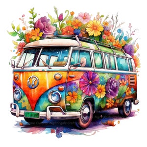 10 Floral Hippie Bus Clipart, Hippie Van, Printable Watercolor clipart, High Quality JPGs, Digital download, High Resolution, Paper craft image 5