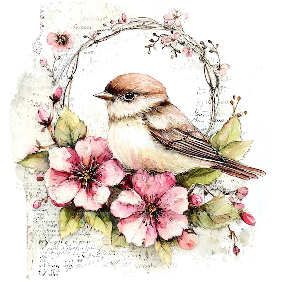 12 Floral Bird Clipart, Bird and Blossom, Printable Watercolor