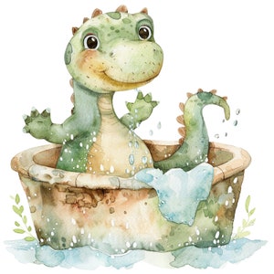 12 clipart di dinosauri dei cartoni animati, dinosauro in bagno, clipart acquerello stampabile, JPG di alta qualità, download digitale, artigianato con la carta, diari spazzatura