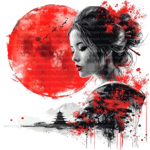 11 Geisha y Moon Clipart, Geisha Print, Clipart de acuarela imprimible, PNG/JPG de alta calidad, Descarga digital, Artesanía en papel, diarios basura