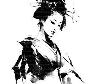 芸者クリップアート10点、芸者水墨画、白黒、印刷可能な水彩画クリップ